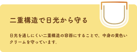 二重構造で日光から守る 日光を通しにくい二重構造の容器にすることで、中身の黄色いクリームを守っています。