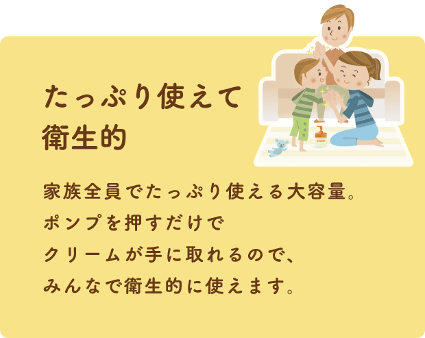 たっぷり使えて衛生的 家族全員でたっぷり使える大容量。ポンプを押すだけでクリームが手に取れるので、みんなで衛生的に使えます。