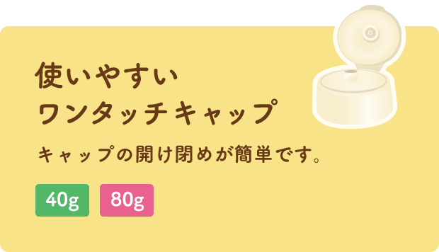 使いやすいワンタッチキャップ キャップの開け閉めが簡単です。「40g」「80g」